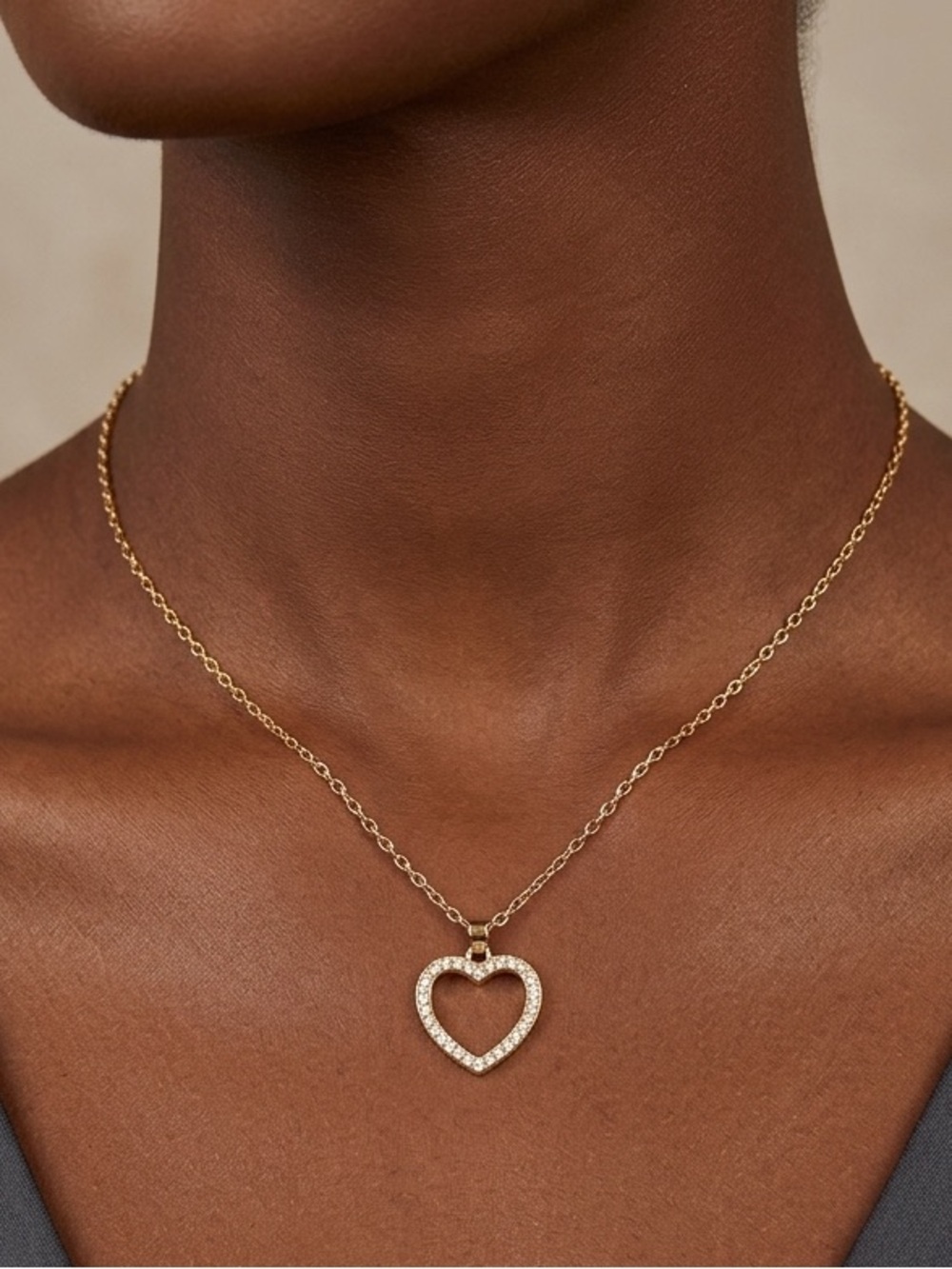 Gold Tone Rhinestone Pavé Open Heart Pendant Necklace